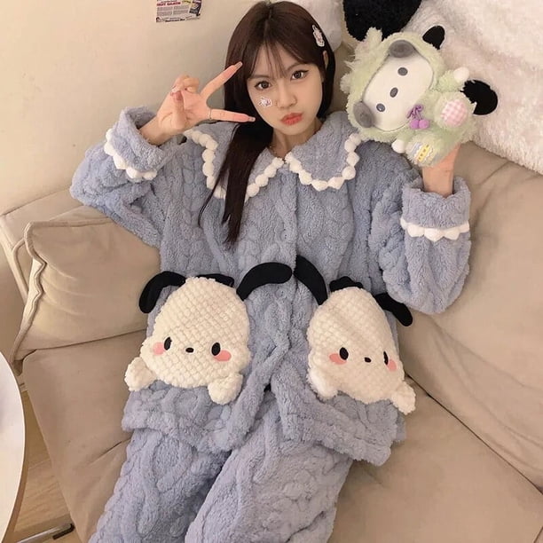 Pijama de lana de Coral Sanrio Kuromi Cinnamoroll Pachacco para mujer, ropa de casa de franela gruesa de manga larga, traje cálido de invierno, nuevo