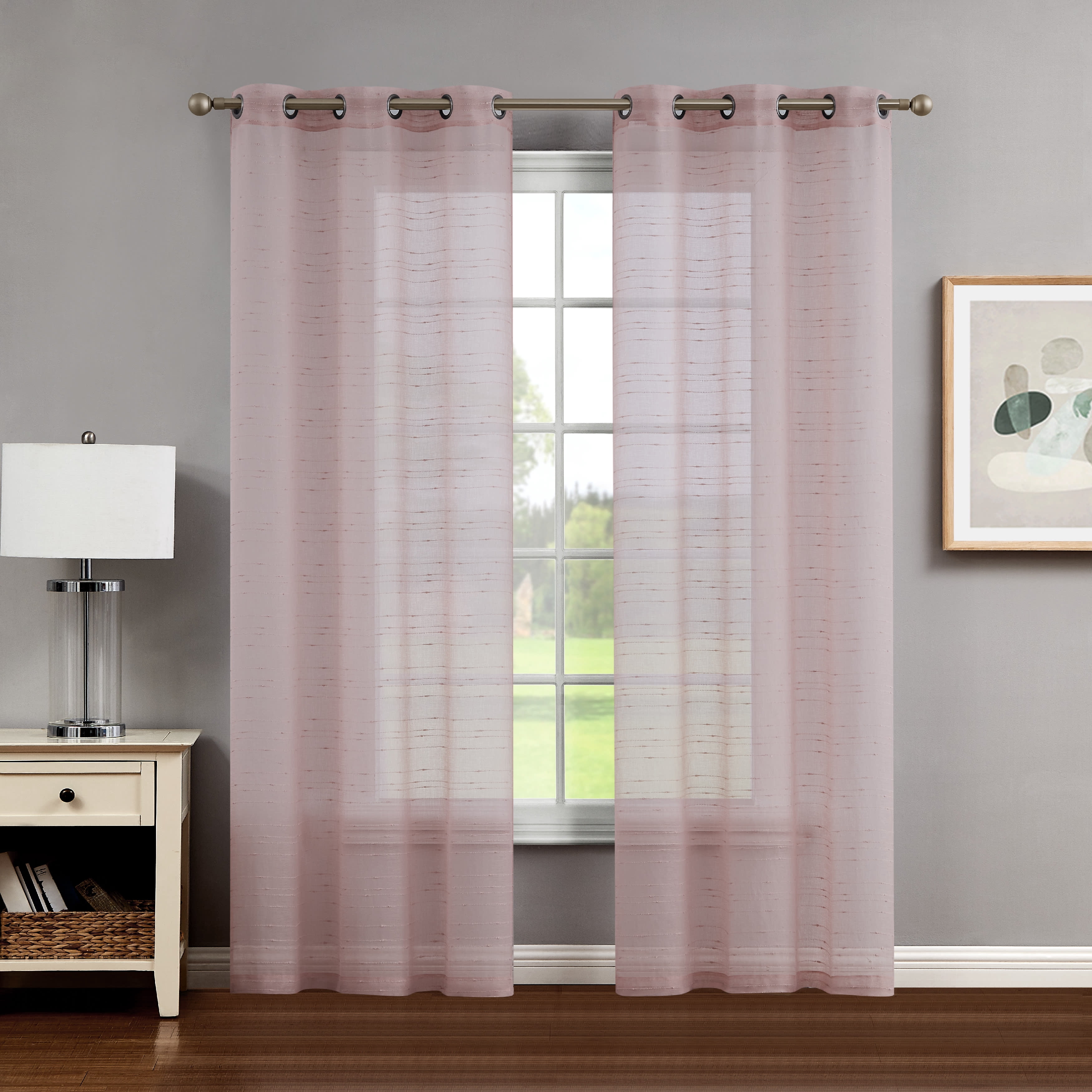 Blush Sheer Window Curtain Pair w Tiebacks, 38x108, Rosemary