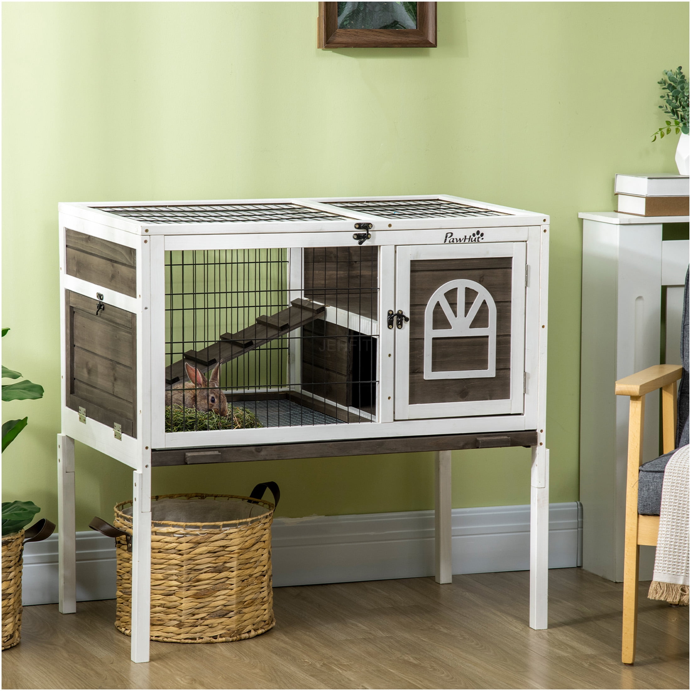 JERFIT Elevated Rabbit Hutch Indoor, 35.5" Wooden Bunny Cage with Removable Tray, Lockable Doors, Ladder & Run for Guinea Pigs, Rabbits, Small Pets, Brown