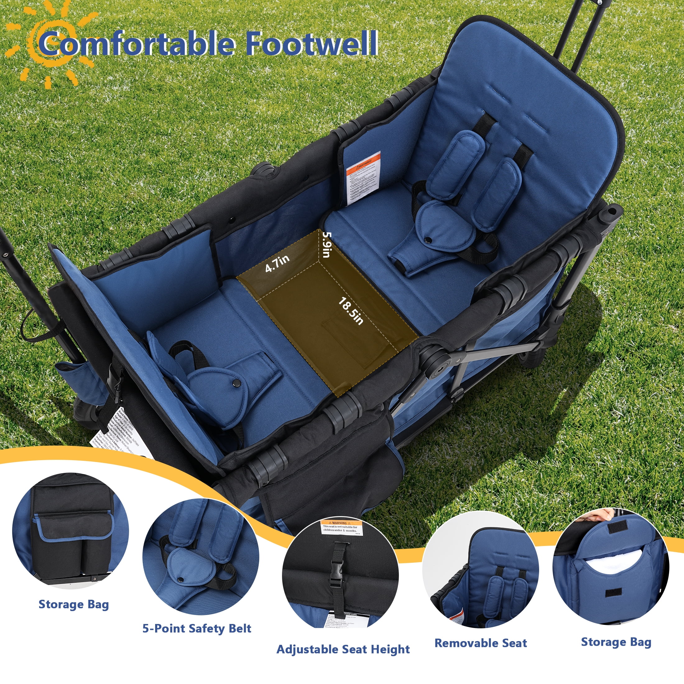 Minikid Baby Wagon Stroller for 2 Kids, Toddler Stroller with Canopy, 5-Point Harness, Adjustable Handlebars, Removable Seat, Blue