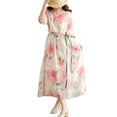 thumbnail image 1 of YM YOUMU Women V-neck Cotton Linen Floral Print Dress Half Sleeve Drawstring Loose Beach Holiday, 1 of 5