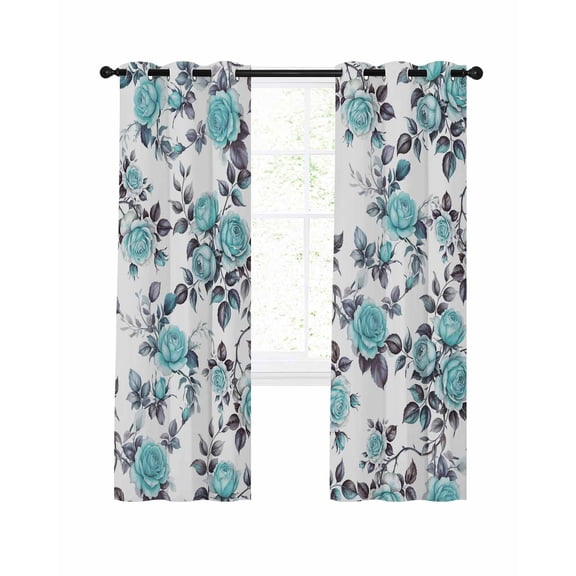 Aqua Rose Blackout Curtains, Light Blocking Print Window Curtains, Rustic Romantic Botanical Floral Vines Art Thermal Insulated Window Drapes for Living Room Kitchen Cafe 2 Panels, 84"W x 84"L