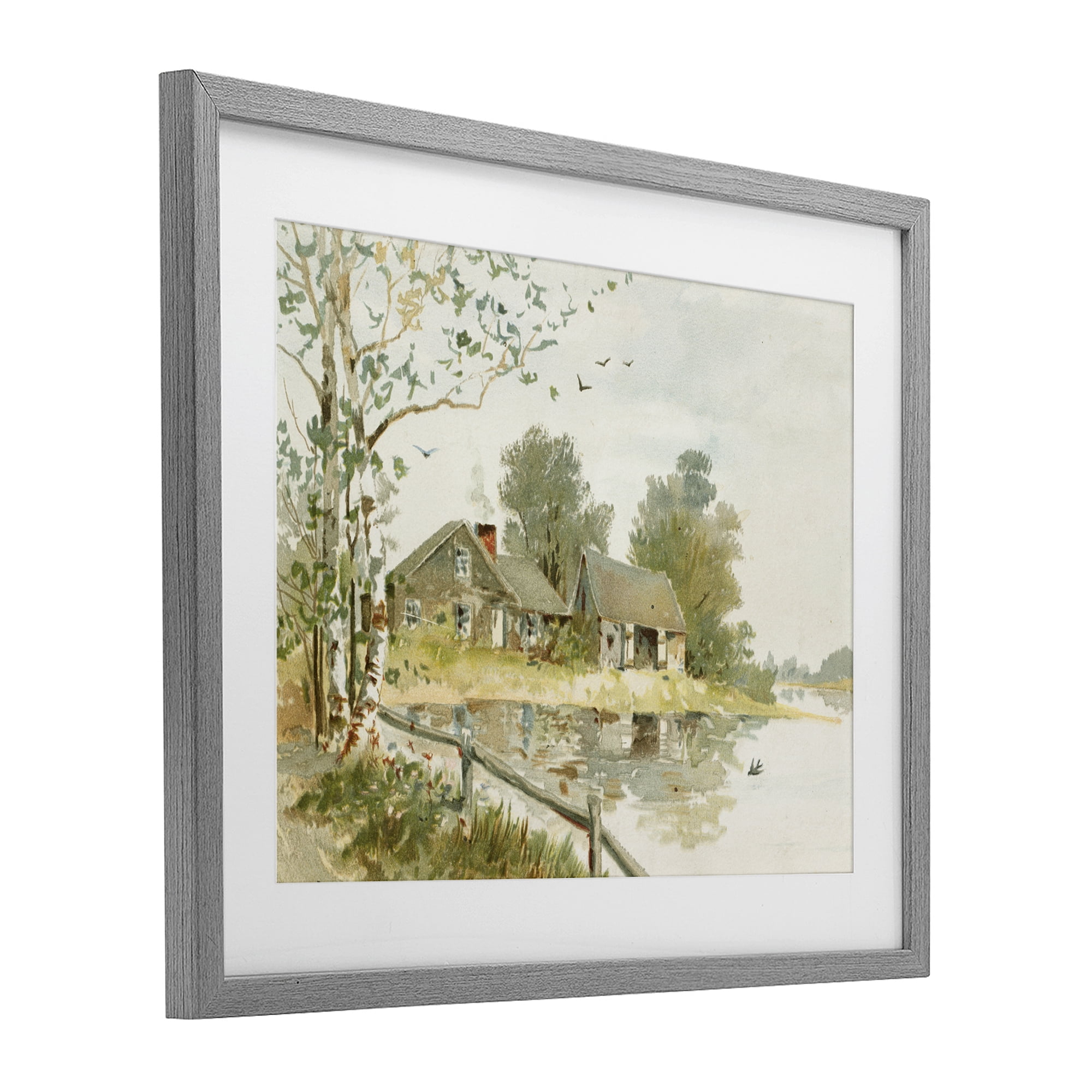 Cabin Along River's Edge Gray Framed Print Under Glass, design by Lettered and Lined