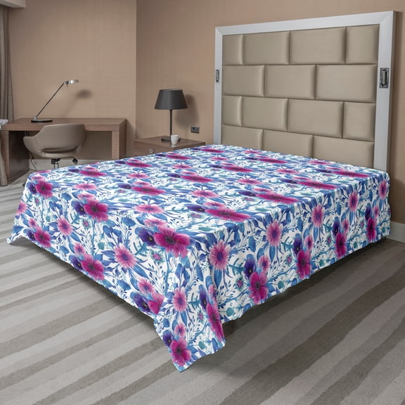 Ambesonne Spring Flat Sheet, Watercolor Nosegay Flowers, California King, Azure Blue Pink