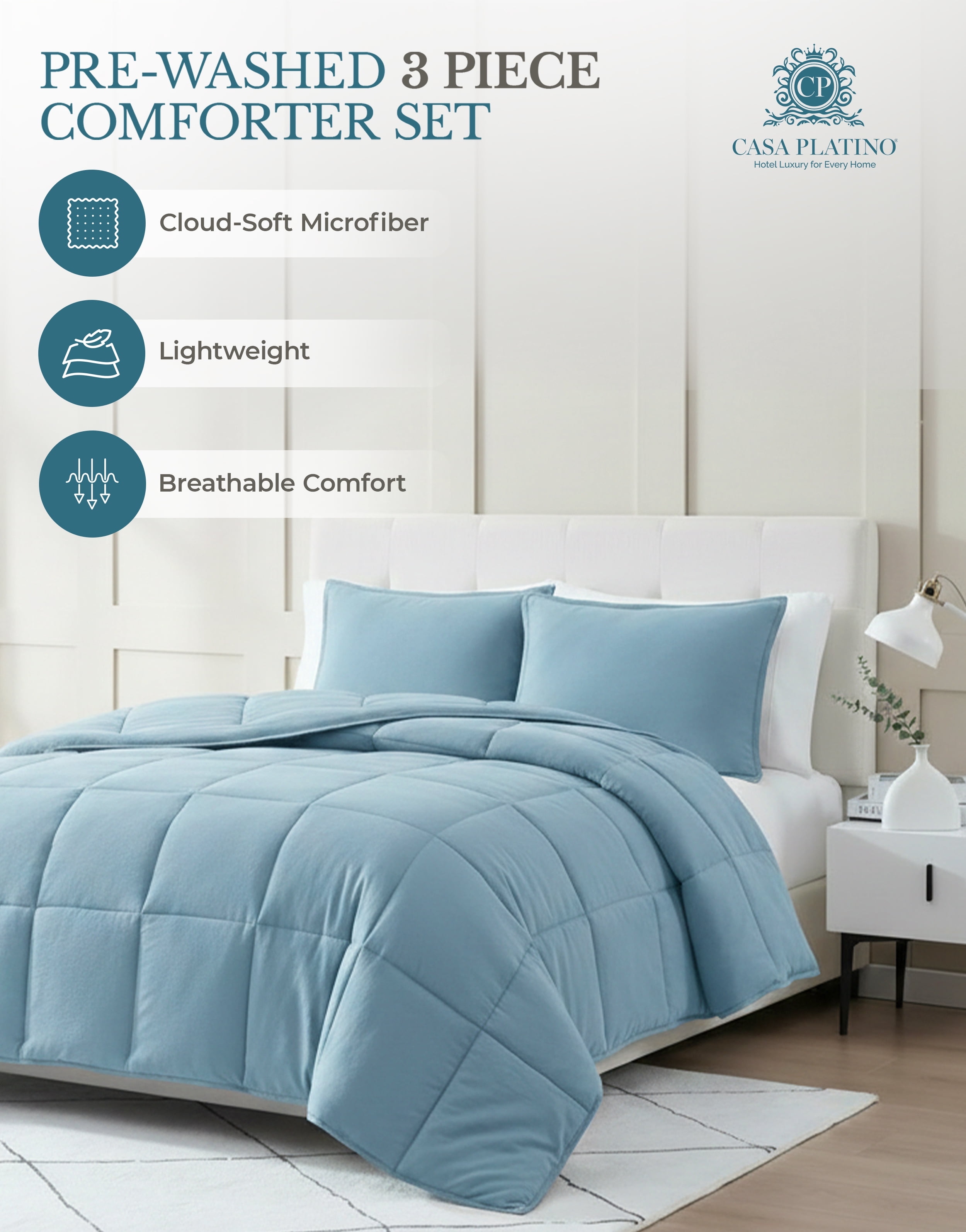 Casa Platino Pre-Washed King Size Bed Comforter Set - Duvet Insert King Size, Comforter Set King - Super Soft & Cozy Bedding Hydro-Brushed 100% Microfiber Bedding King Size Comforter Set- French Blue