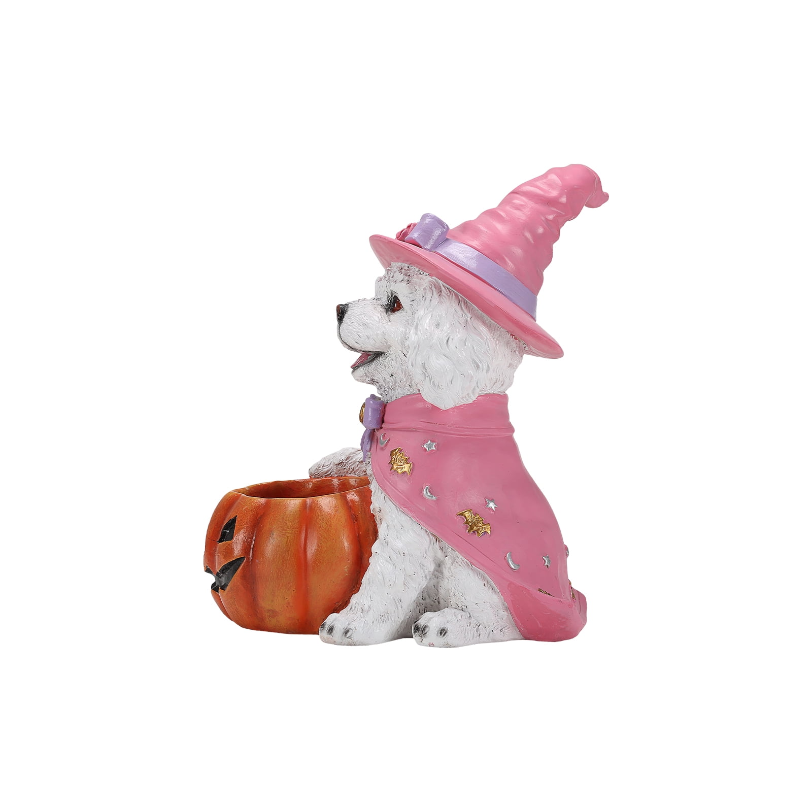 Teddy Puppy Figurine 12.6 Inch, Halloween Witch Dog Statue with Pumpkin Candy Bowl, Cute Puppy Decor for Tabletop and Holiday Display, White and Pink