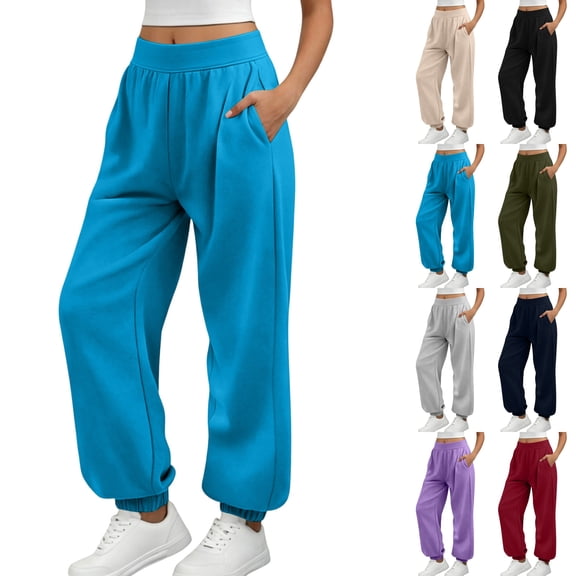 Sentuca Womens Sweatpants Jogger Solid Color Elastic Bottom Pants with Pockets Fashion Workout Baggy Trousers Blue M