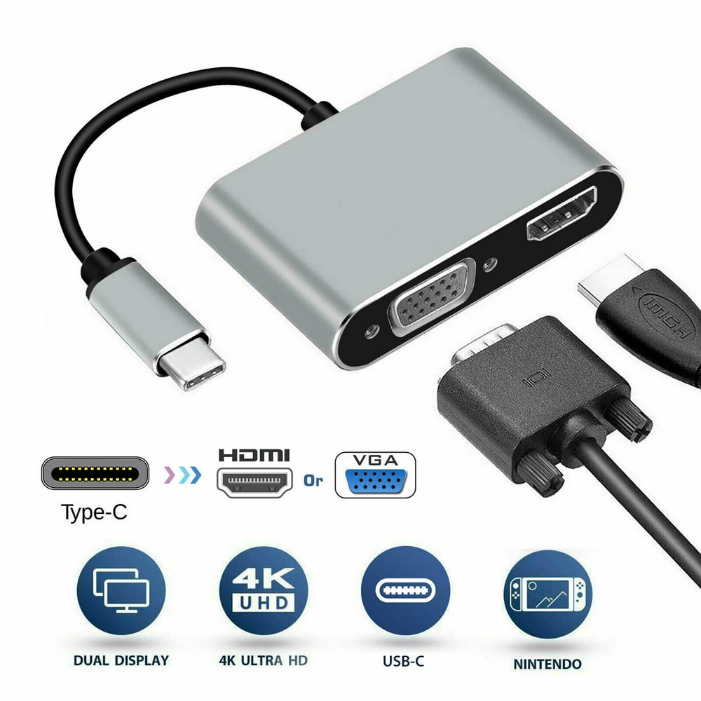 USB C To HDMI and VGA Adapter,USB Type C to VGA HDMI UHD Video