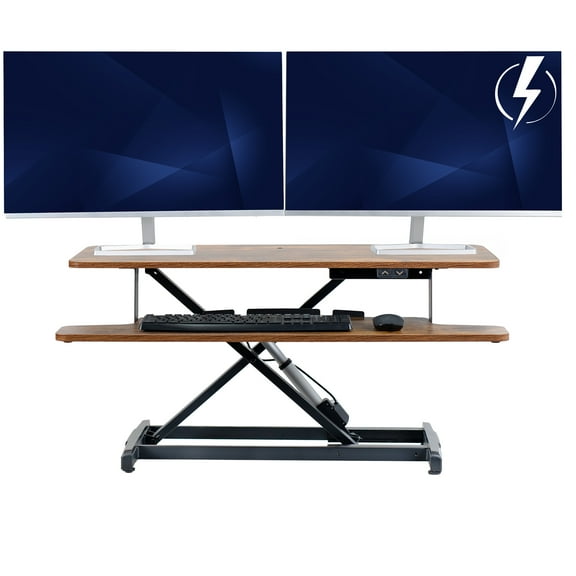 VIVO Vintage Brown Electric 36" Standing Desk Monitor Riser, Sit Stand Tabletop