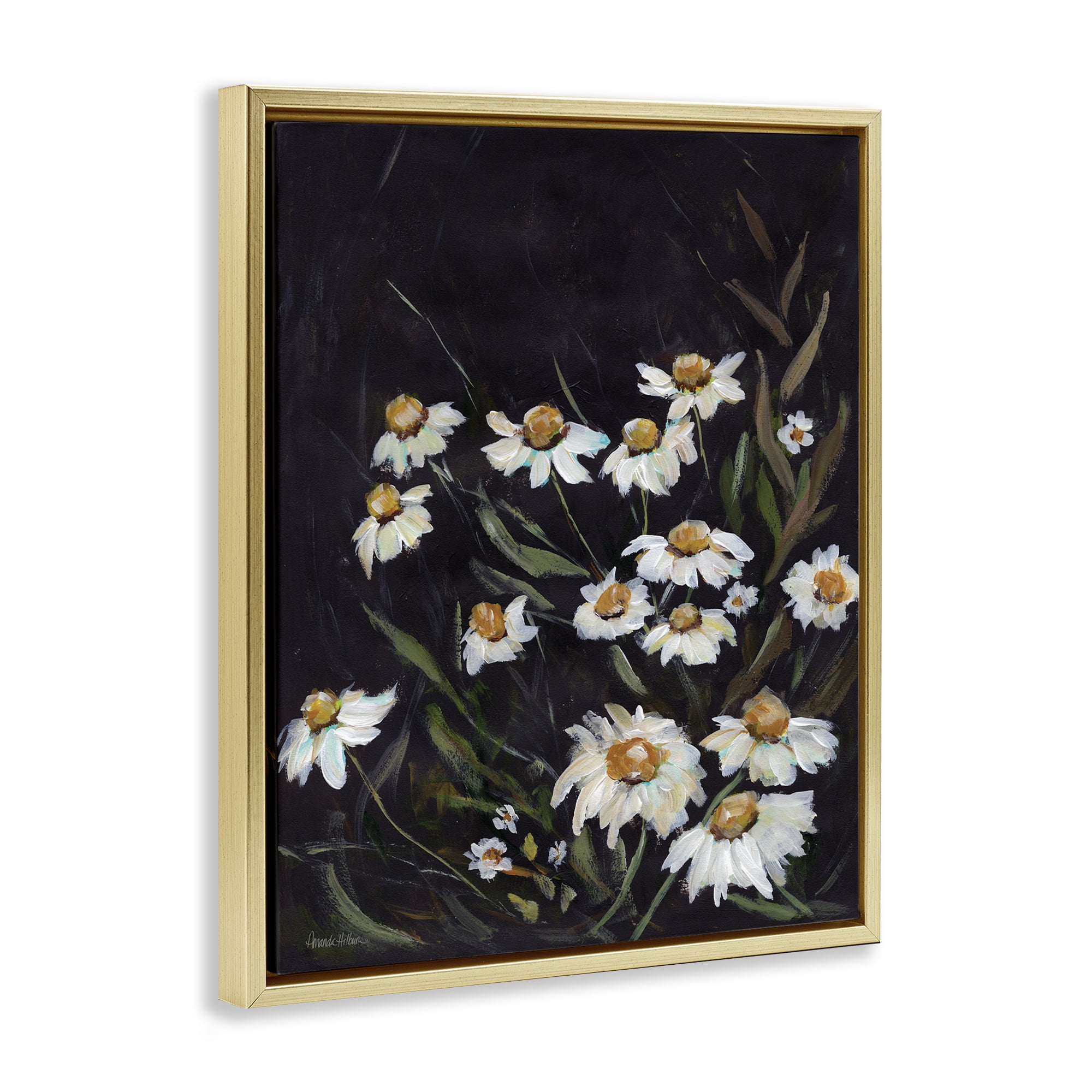 Stupell Industries Daisies on Black Botanical & Floral Painting Gold Floater Framed Art Print Wall Art, 25 x 31