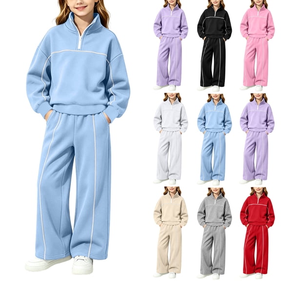 Spazoro Girls 2PC Tracksuit Set with Side Pockets, Solid Color Long Sleeve Elastic Waist Quarter-Zip Casual Loungewear Outfit for Daily Activities Blue Size 9-10
