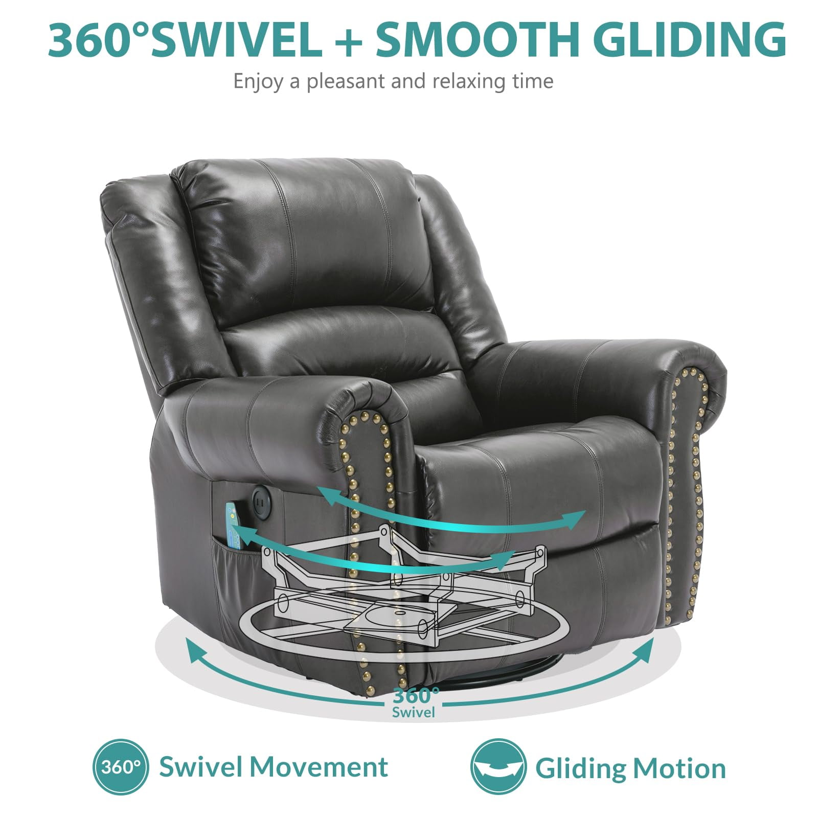 MEETWARM Massage Swivel Rocker Recliner, Manual Glider Rocking Recliner Chair with Heat and Vibration, 360°Swivel Lounge Reclining Chair with Remote Control/USB Ports for Living Room(Gray)