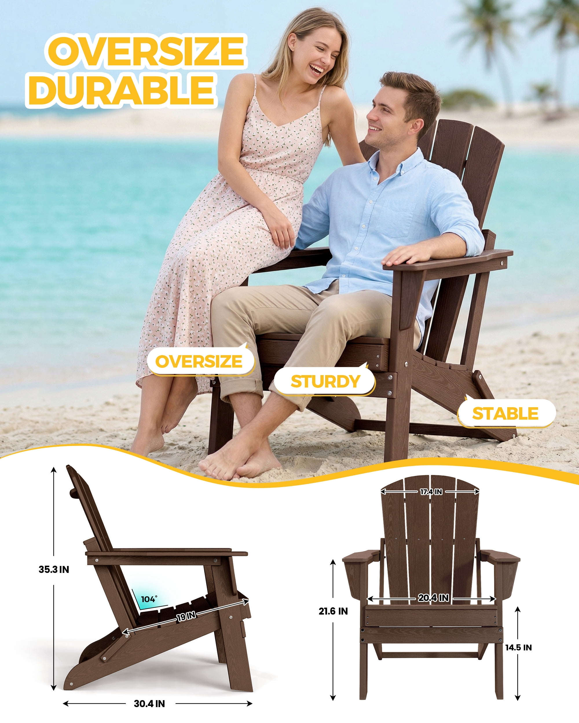 Cobiod Folding Adirondack Chair Set of 2, HDPE Patio Chair, All-Weather Space-Saving Foldable Fire Pit Seating for Camping, Backyard, Deck - Coffee