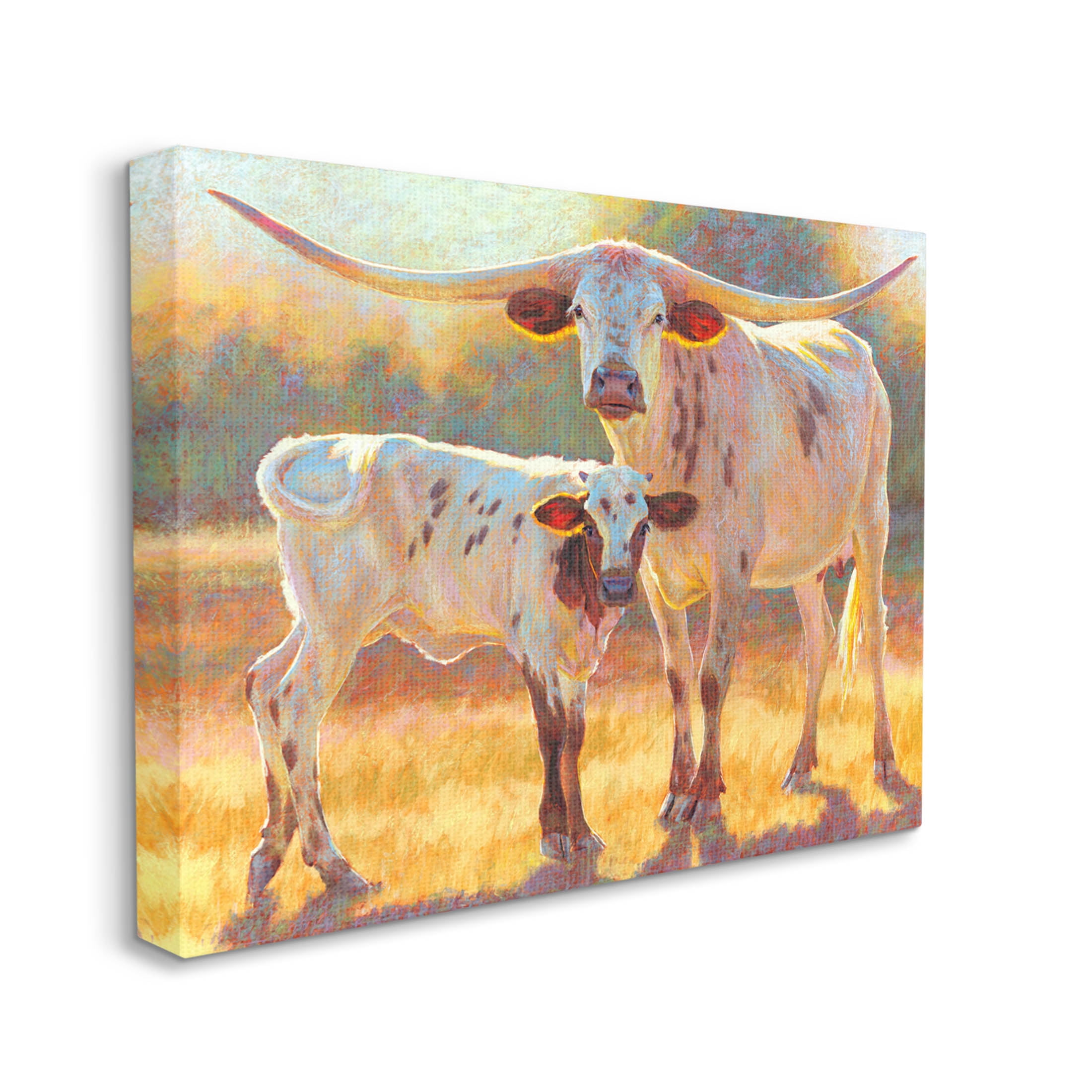 Longhorn & Calf Standing Farm Field Animals & Insects Painting Gallery Wrapped Canvas Print Wall Art