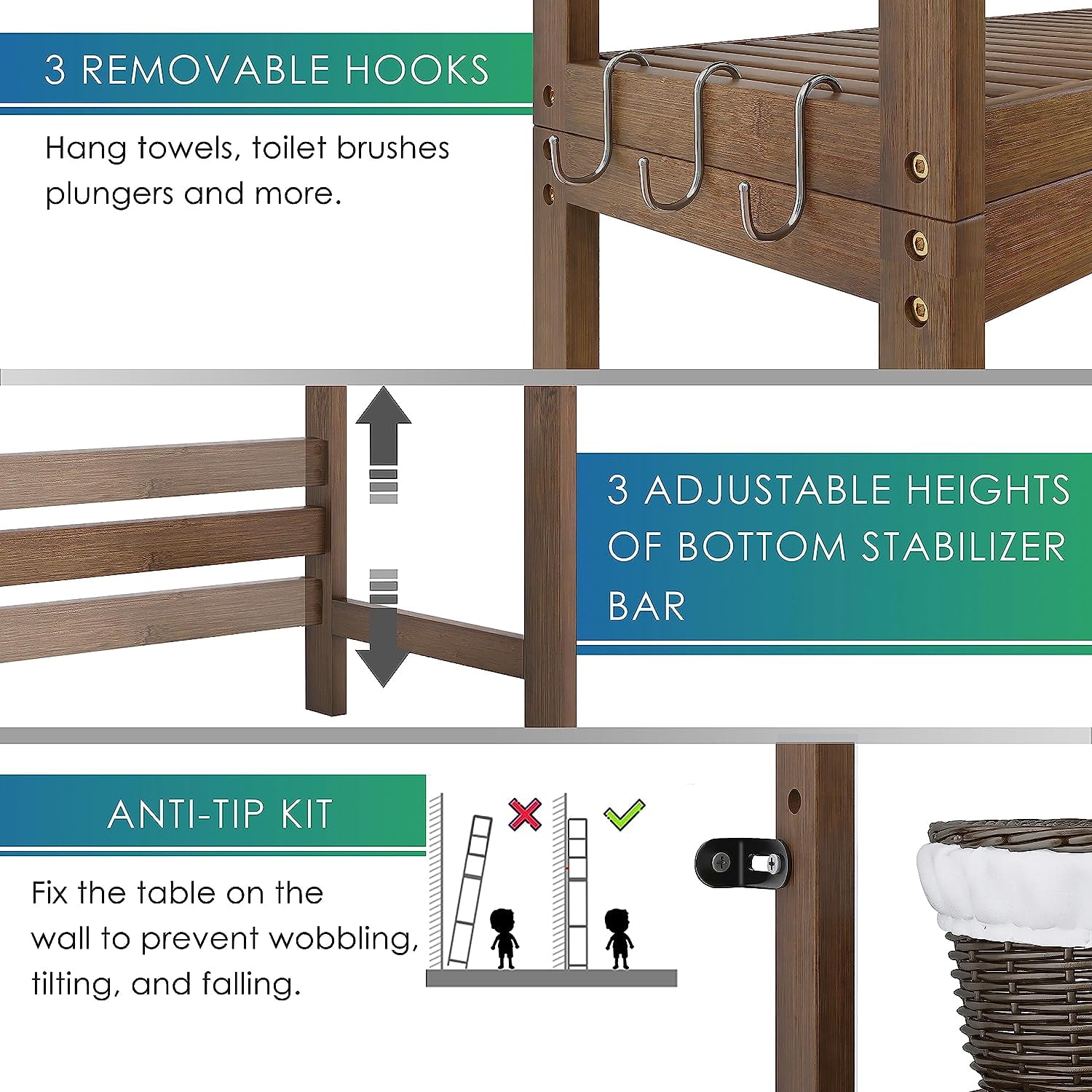 Over-The-Toilet Storage Shelf, 3-Tier Adjustable Bathroom Organizer Rack with Space Saving Design for Small Bathrooms