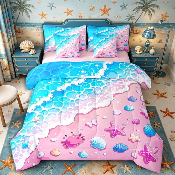 Castle Fairy Cute Pastel Beach Shore Scene 7-Piece Twin Bedding,Seashell Crab Wave Kids Pattern Bedding Comforter Set,Pink Cyan,Pink Reversible