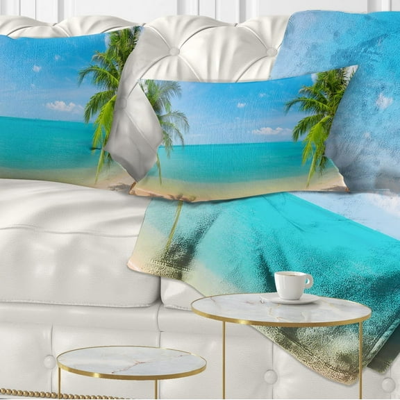 Designart Tropical Beach with Coconut Trees - Landscape Photography Throw Pillow - 12x20