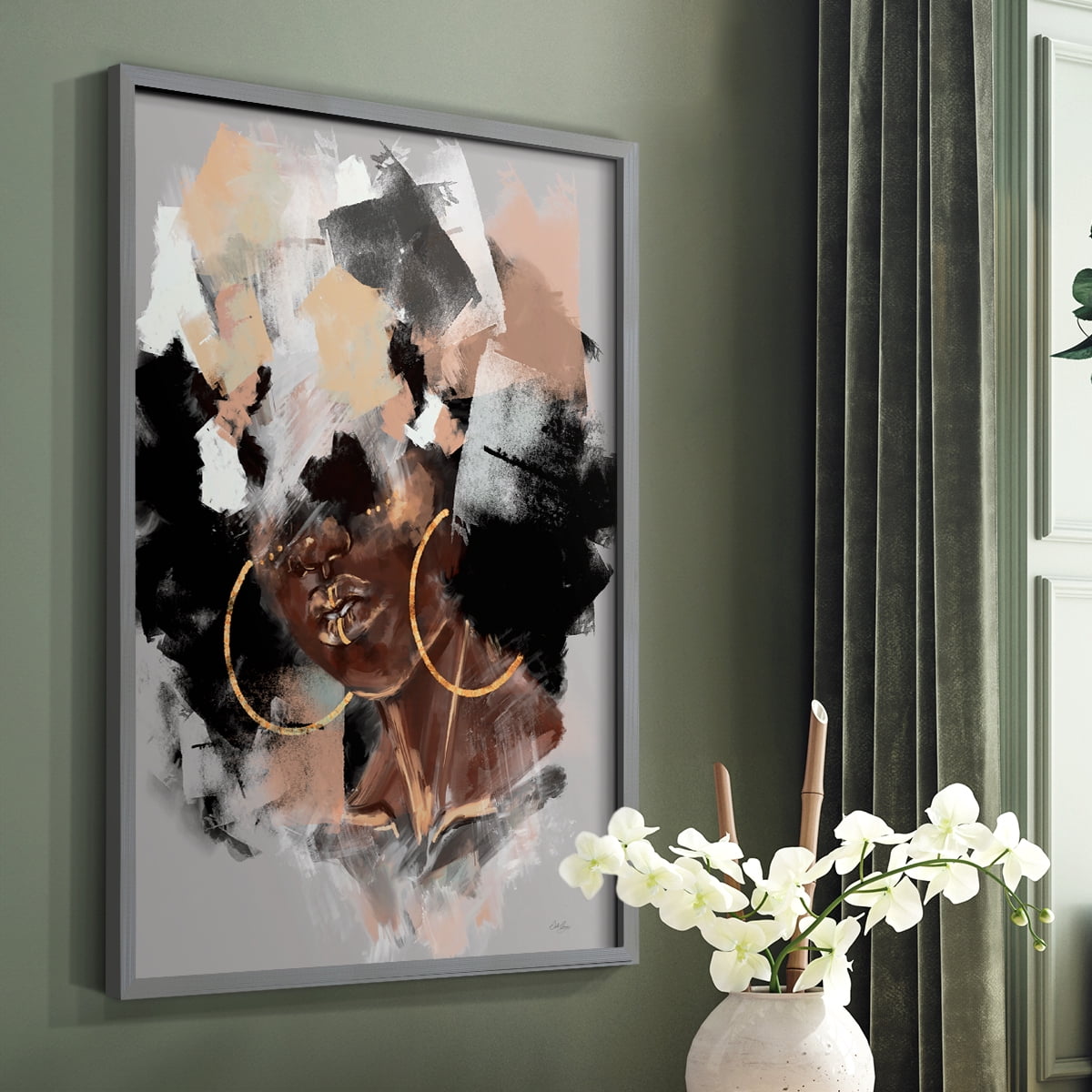Afro Pop Framed Print in Gray Solid Wood Framed Print No Nail Hanging