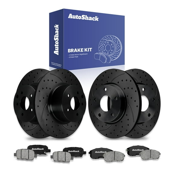 AutoShack Front Vented & Rear Solid Drilled & Slotted E-Coated Brake Rotors Black Finish   Ceramic Pads 12-PC Brake Kit Replacement for 2007-2009 Nissan Altima NightGuard