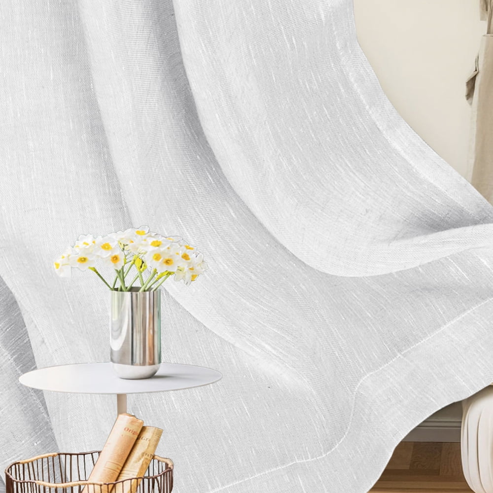 PrimeBeau Semi Sheer Linen Curtains Light Filtering Grommet Draperies, 52"x84" , 2 Panel Set, White