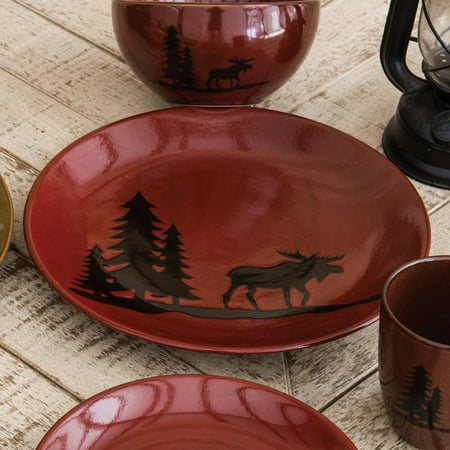 Moose Stoneware - Moose and Bear Lodge Stoneware Moose Dinner Plate - Rustic Kitchen Tableware