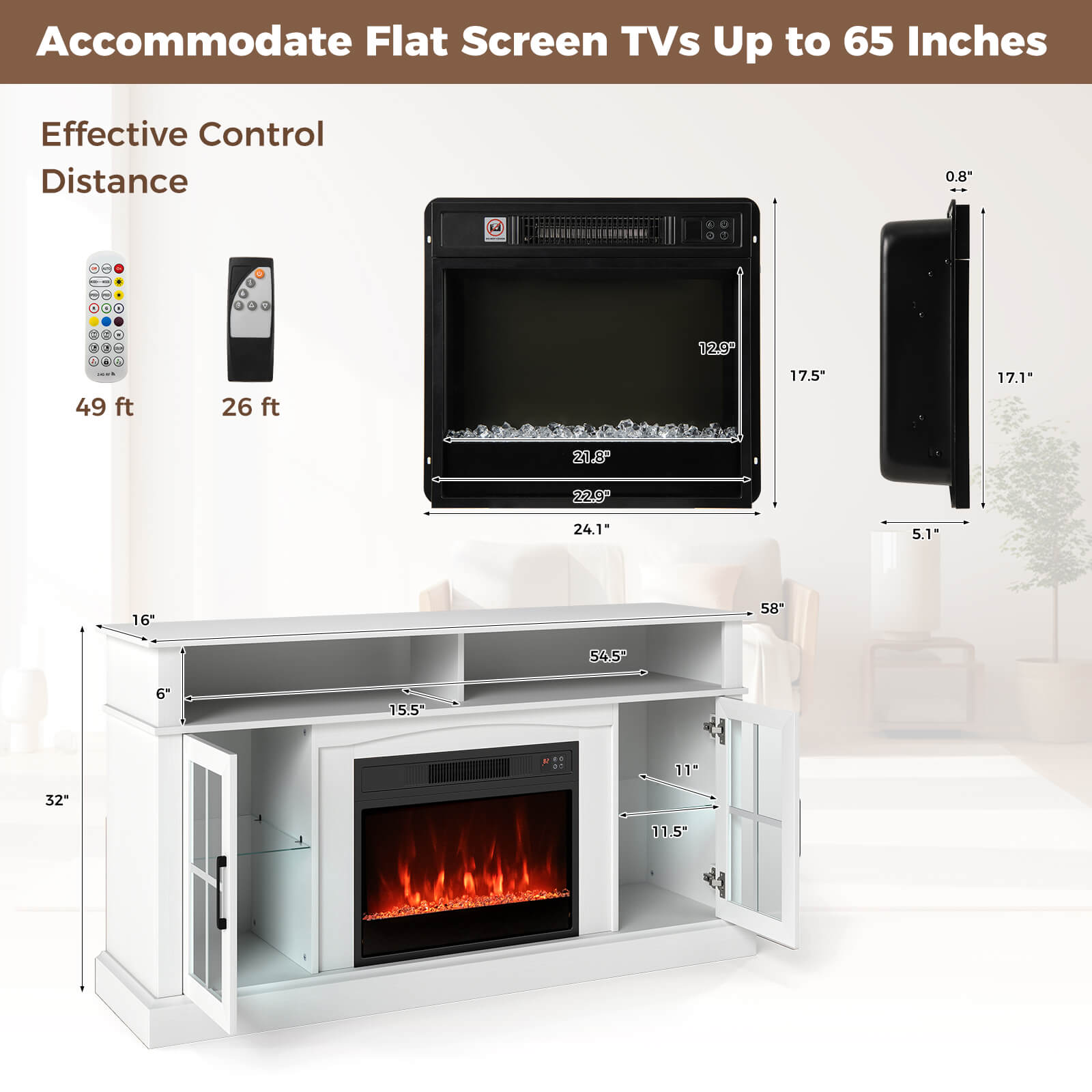 Costway 58" Fireplace TV Stand with LED Lights Entertainment Center for 65 Inch TV White
