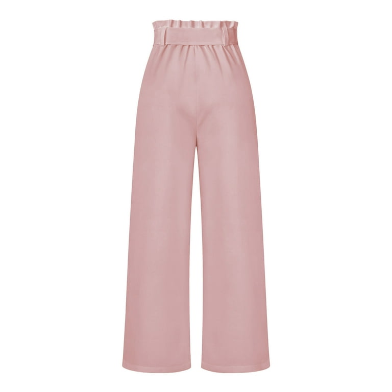 JWZUY Casual Solid High Waist Tie Front Wide Leg with Pockets Office Flowy  Pants Pink L