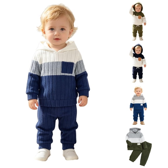 WhouRiu Boys Casual Ribbed Knit Outfits Autumn Cozy Pullover Hoodies And Pants Sets Baby Clothes