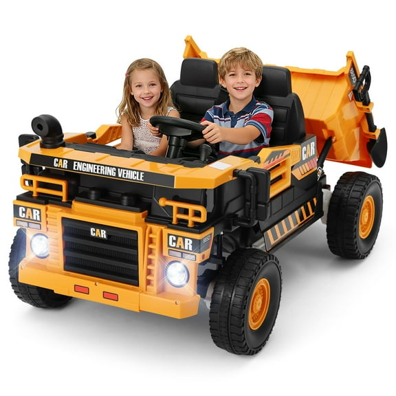 JOYLDIAS 24V Powered Ride on Dump Truck Construction Vehicles with 2 Seaters, Electric Dump Bed, 4 Engines, 3 Speeds, Shovel, Remote Control, Music, Bluetooth (Yellow)