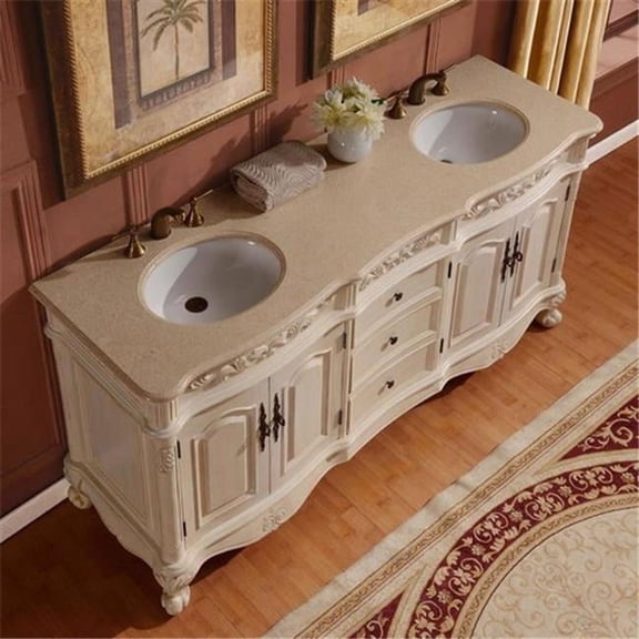 Traditional Cream Marfil Marble Bathroom Vanity- Double Sink - 72 in. Wide