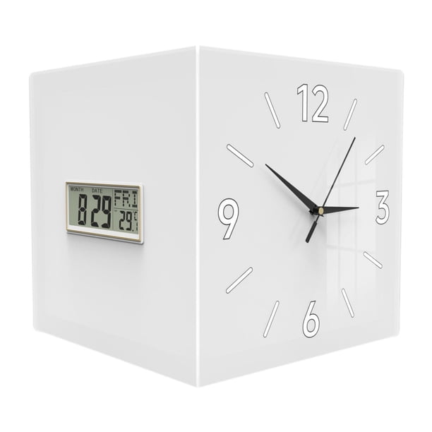 Reloj de pared esquinero de doble cara, indicador de temperatura, silencioso, con mes, fecha y semana Blanco puro