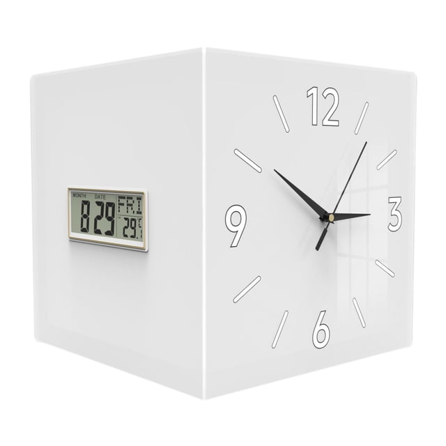 Reloj de pared de esquina con termómetro, reloj decorativo cuadrado con mes, fecha y Blanco puro