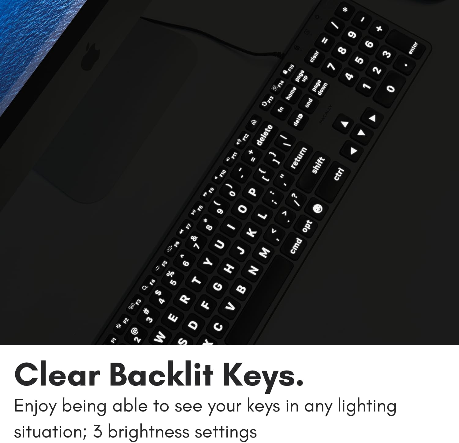 Macally Wired Keyboard for Mac (USB C + A) - Large Print and Backlit for Apple - 107 Key Full Size Large Letters USB C Keyboard for Macbook Pro/Air, Mac Mini, iMac