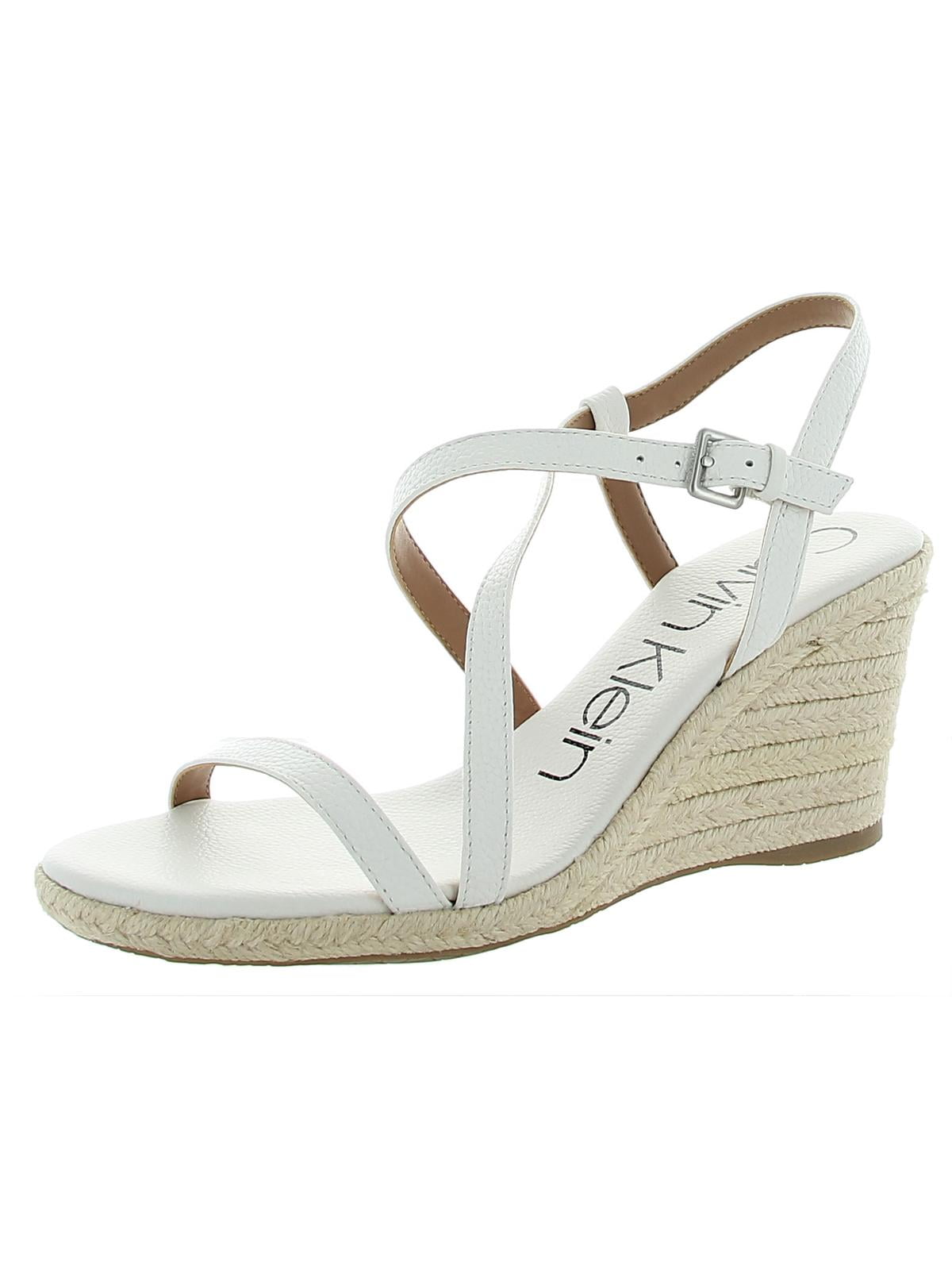 CALVIN KLEIN Womens White Woven Stretch Padded Jute Adjustable Strappy  Bellemine Round Toe Wedge Buckle Leather Espadrille Shoes  