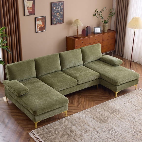 UNBRAND Convertible Sectional Sofa 110" U-Shape Sofa Couch 4-Seat Couch with Chaise ChenilleFabric Upholstered for Living Room, Apartment, Office, Green