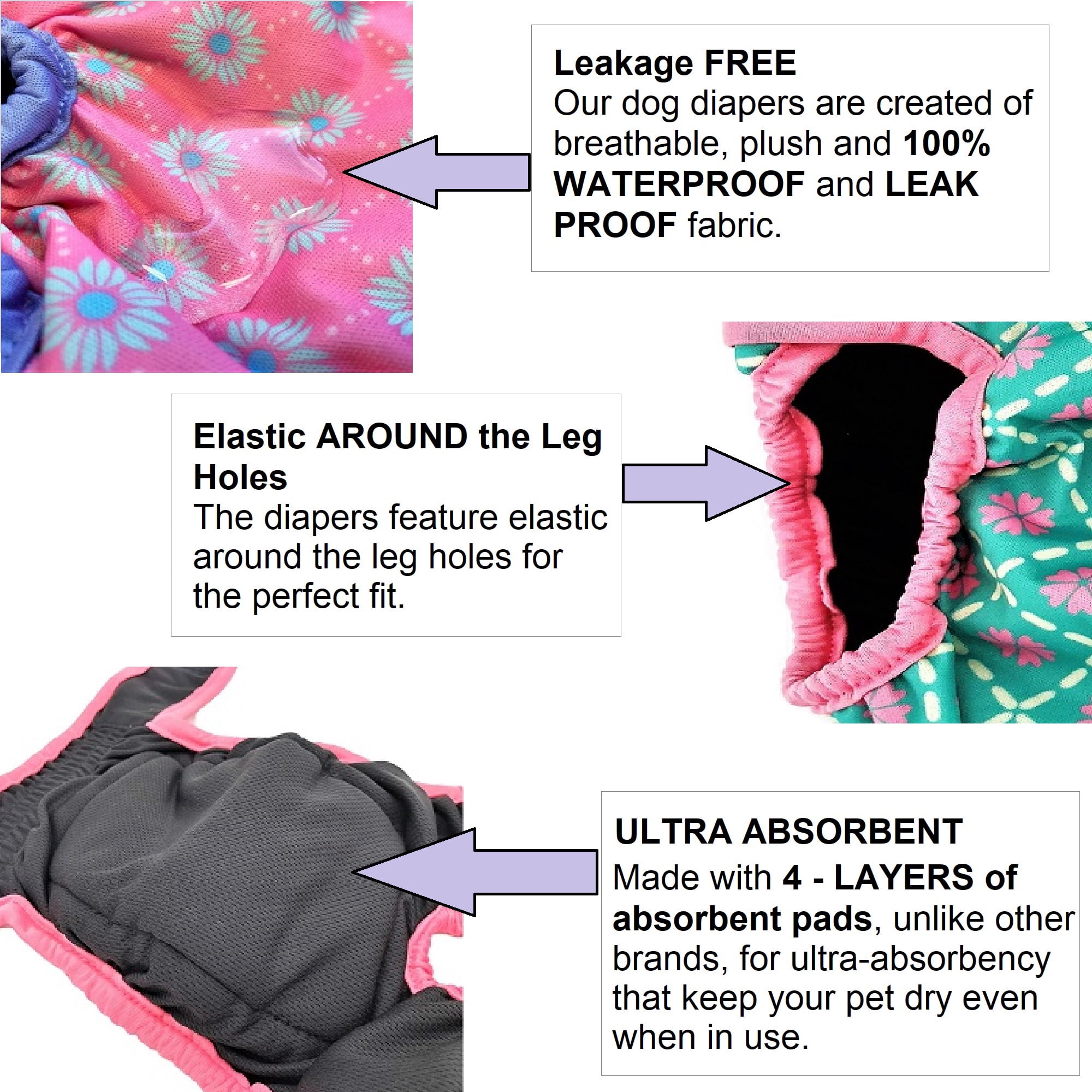 PACK of 6 Female Dog Diapers with 4 LAYERS of Absorbent Pads WATERPROOF Leak Proof Washable