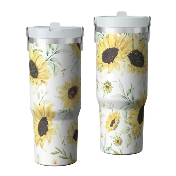 Sunflower 30oz Tumbler with Carry Handle – Double Wall Stainless Steel Insulated Cup, Flip Straw Lid, Leak-Proof & BPA-Free for Hot and Cold Drinks, Sports Outdoor Workout Christmas Birthday Travel