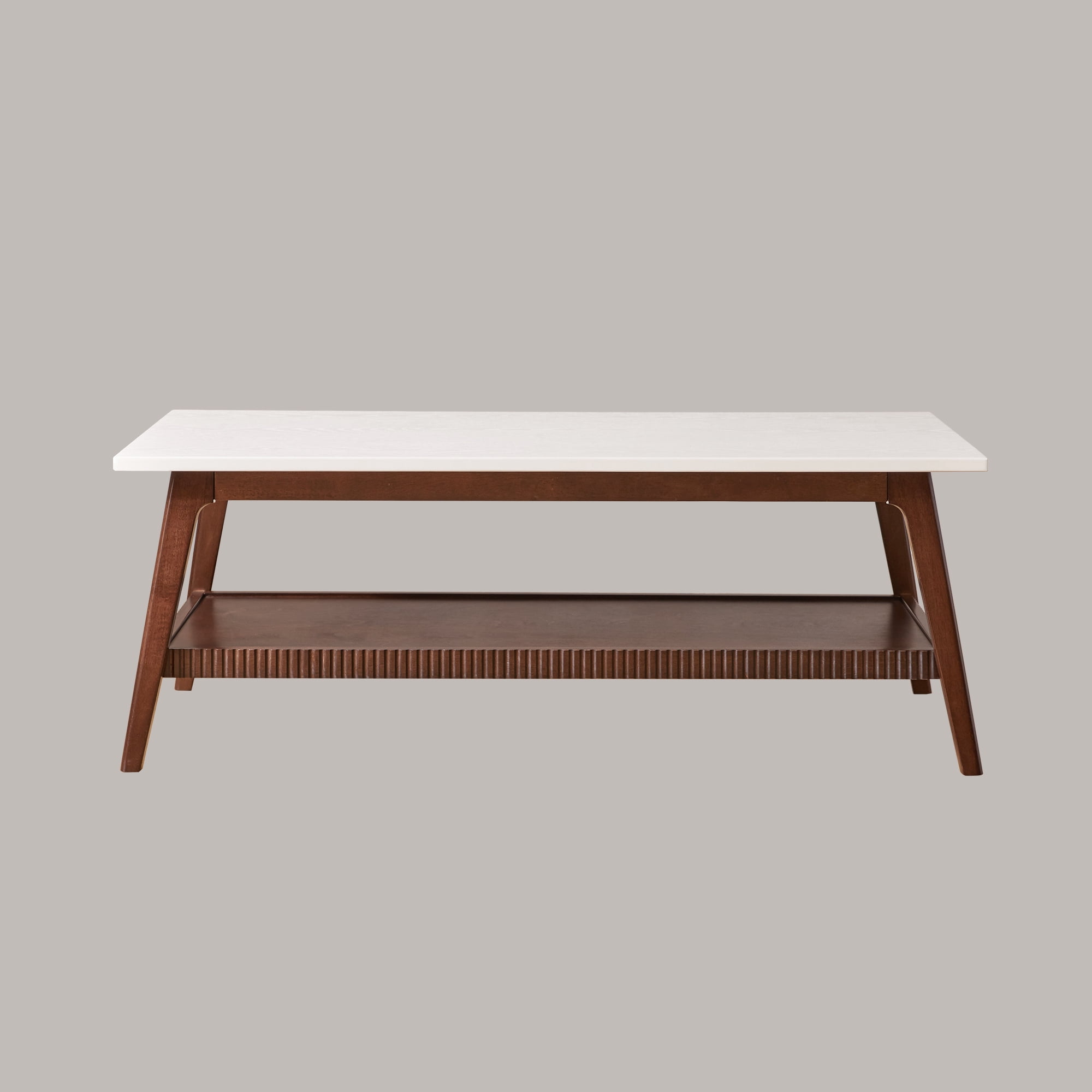 Garitin Coffee Table and Mid Century Modern Center Table 47.24 Inch, Two Tone Wooden Cocktail Table with Lower Storage Shelf for Living Room, Walnut and White