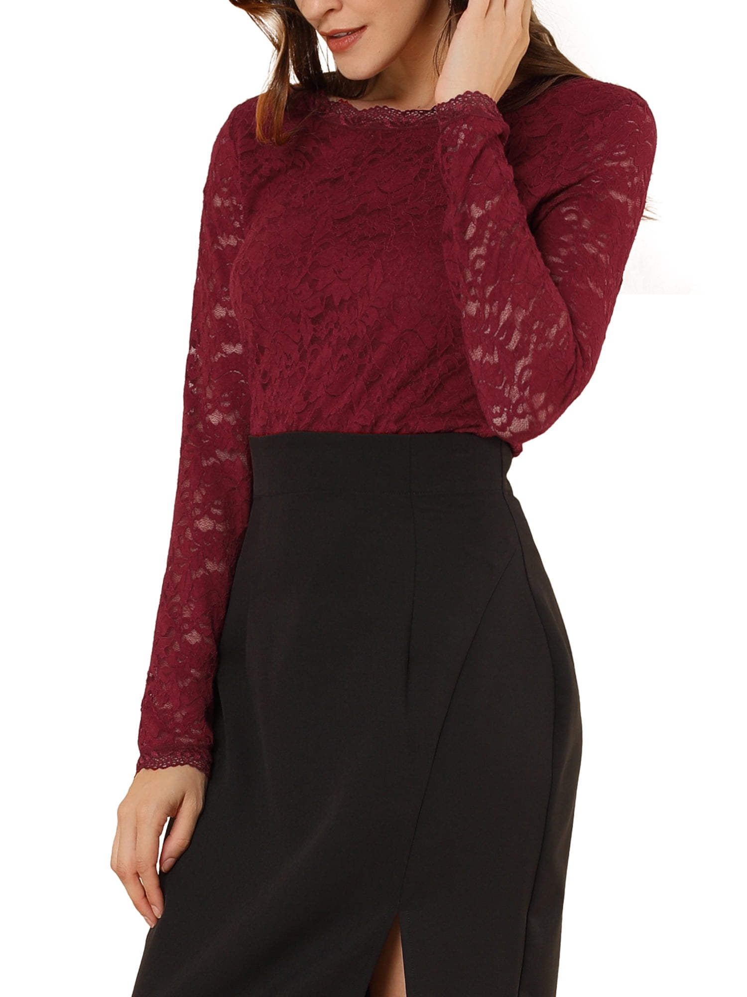DARING DIVA Sheers Flower Embroidery Lace Top XL Burgundy