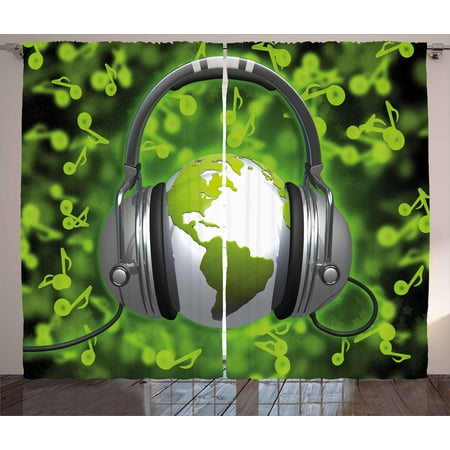 World Curtains 2 Panels Set, World of Music Themed Composition DJ Headphones Musical Notes and Earth Globe, Window Drapes for Living Room Bedroom, 108W X 84L Inches, Lime Green Grey, by
