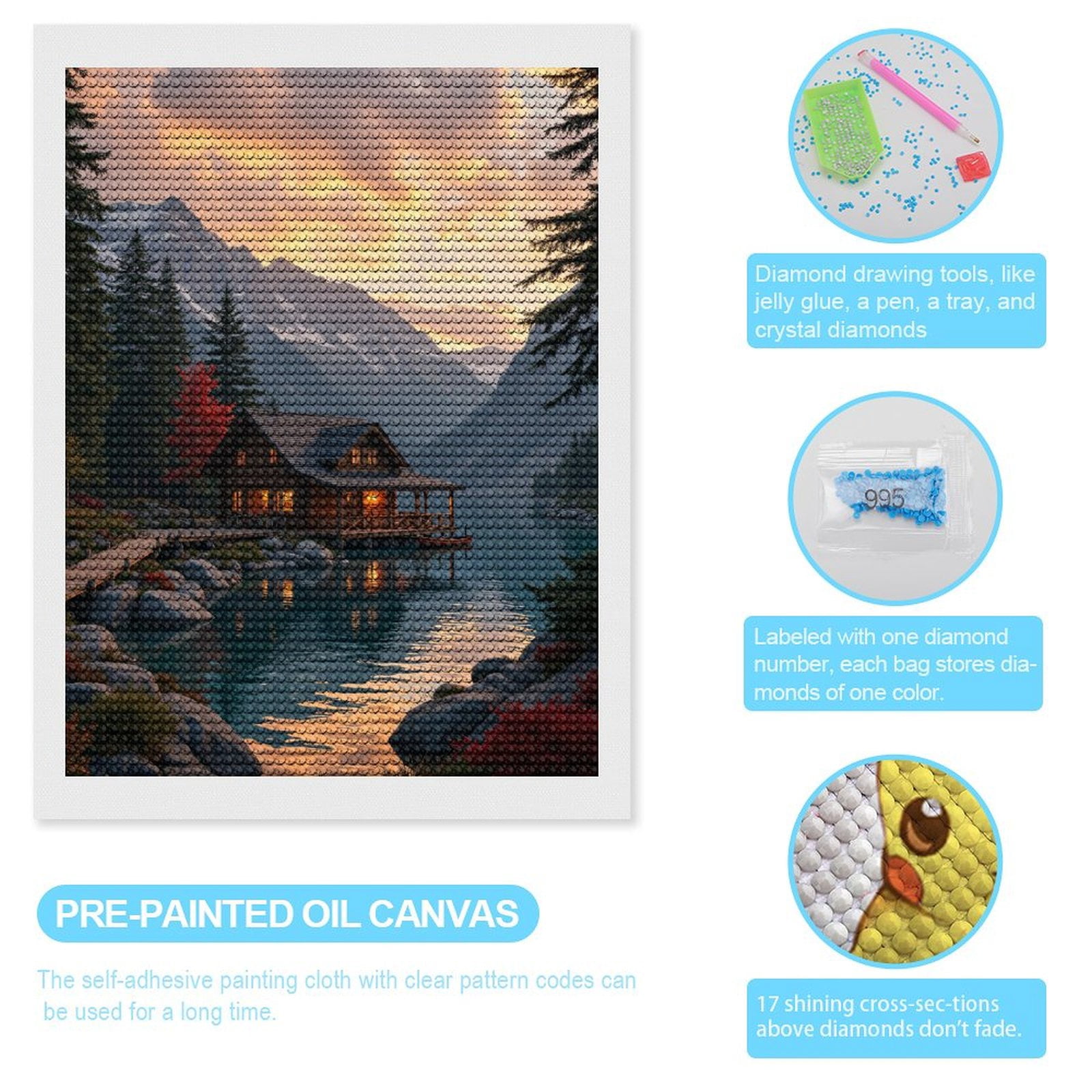 Diamond Art Kits for Adults, Cabin Lake Sunset Mountain Serenity 5D Diamond Painting Kits for Adults Beginners, DIY Full Drill Diamond Painting, Gem Art and Crafts 12x16