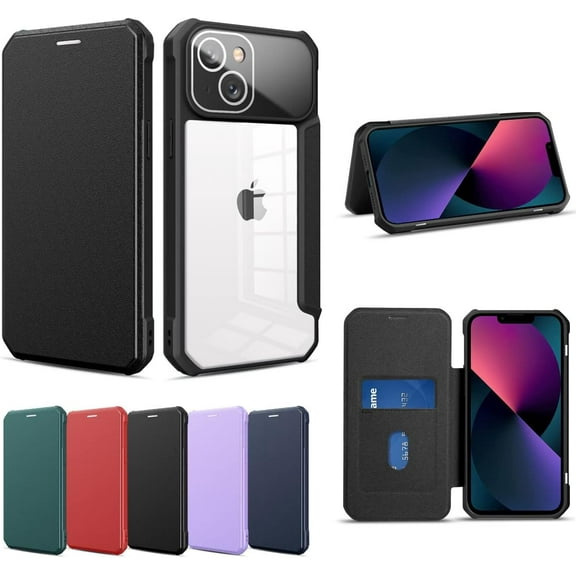 Compatible with iPhone 14 Plus Case Flip Leather Wallet Case Card Holder Detachable Magnetic Flip Cover Clear Hard Back Slim Protective Shockproof Cover