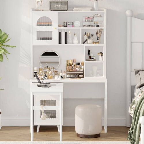 Bellemave L Shaped Desk with 90° Rotating Desktop, Home Office Computer Desk with Storage Cabinets and Shelves, Farmhouse Corner Writing Desk for Study or Small Space, White