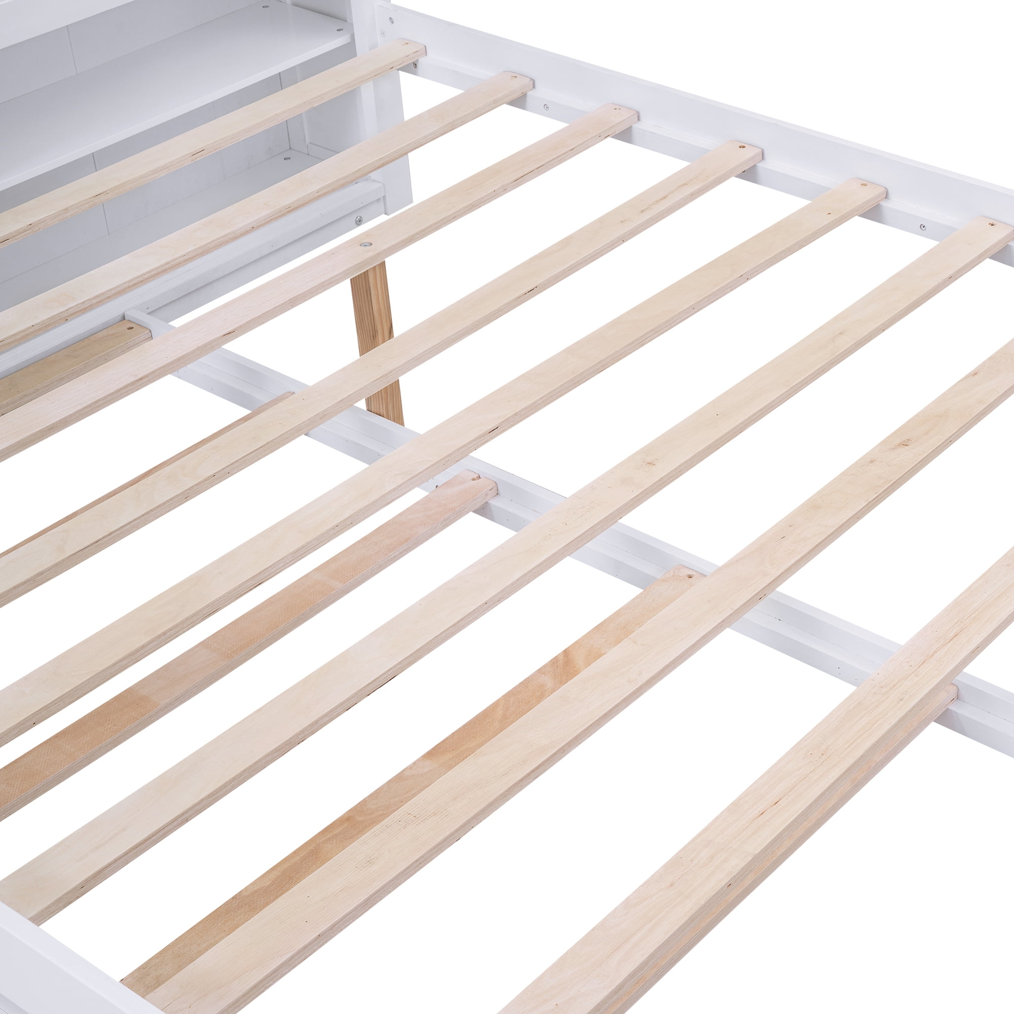 Euroco Queen Size Wood Platform Bed with Trundle and Storage Cabinet for Adults Bedroom