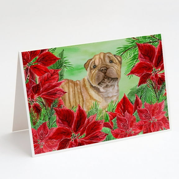 Shar Pei Puppy Poinsettas Greeting Cards and Envelopes Pack of 8