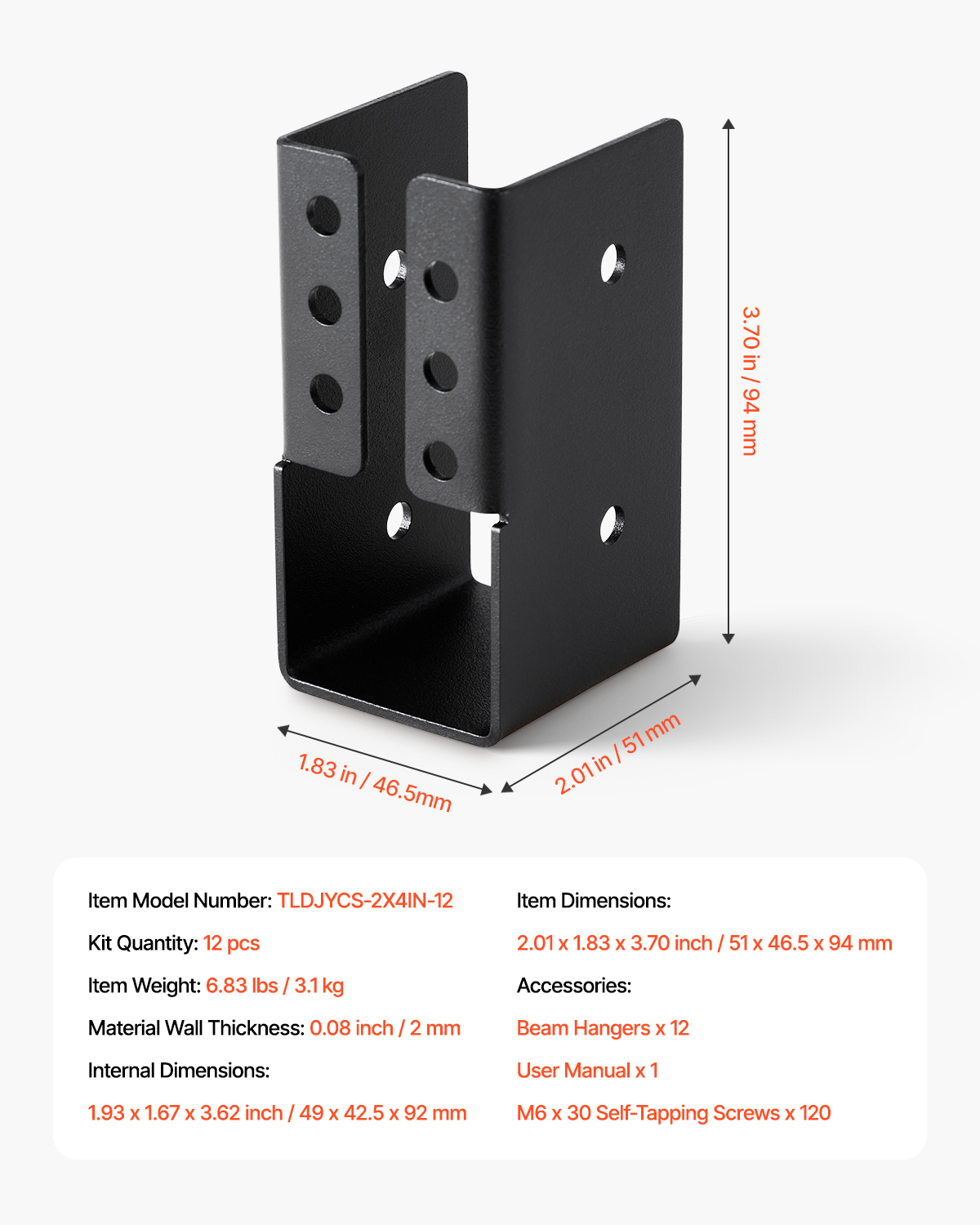 VEVOR Concealed Joist Hanger, 2x4 Inch Outdoor Concealed-Flange Joist Bracket with Screws, Steel Light Joist Hangers for 1.93 x 3.62 Inch / 49 x 92 mm Beam, Swing, Fence, Wooden Slides, 12 Pcs