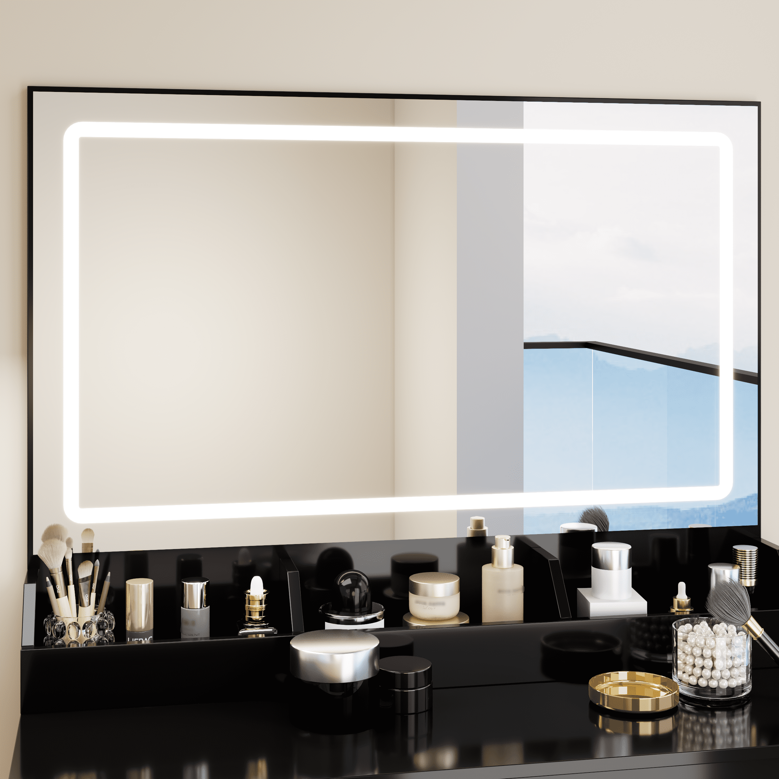 Leumius Makeup Vanity Set with 3 Color Lighted Mirror,Extra Large LED Mirror,Large Capacity Storage Dressing Table for Bedroom,Black