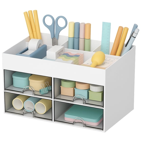 White Desk Organizer, 4 Drawers, Plastic Desktop Storage for Office & Student Stationery, Multi-Functional Pen Holder, Workstation Clutter Solution