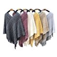 thumbnail image 2 of StylesILove Autumn Winter Women Striped Knitted V-Neck Fringe Poncho Pullover Sweater Lightweight Cape Cozy Wrap Tassel Shawl (Grey), 2 of 4