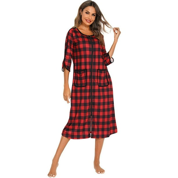 Baywell Zipper Front Robes Women House Coat Half Sleeve Loungewear Long